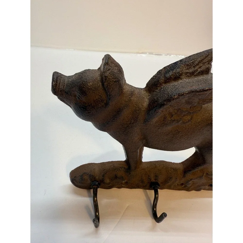 Cast‎ Iron Flying Pig Wall Hook Rack Rustic Brown Farmhouse Decor 2 Hooks 6.5in